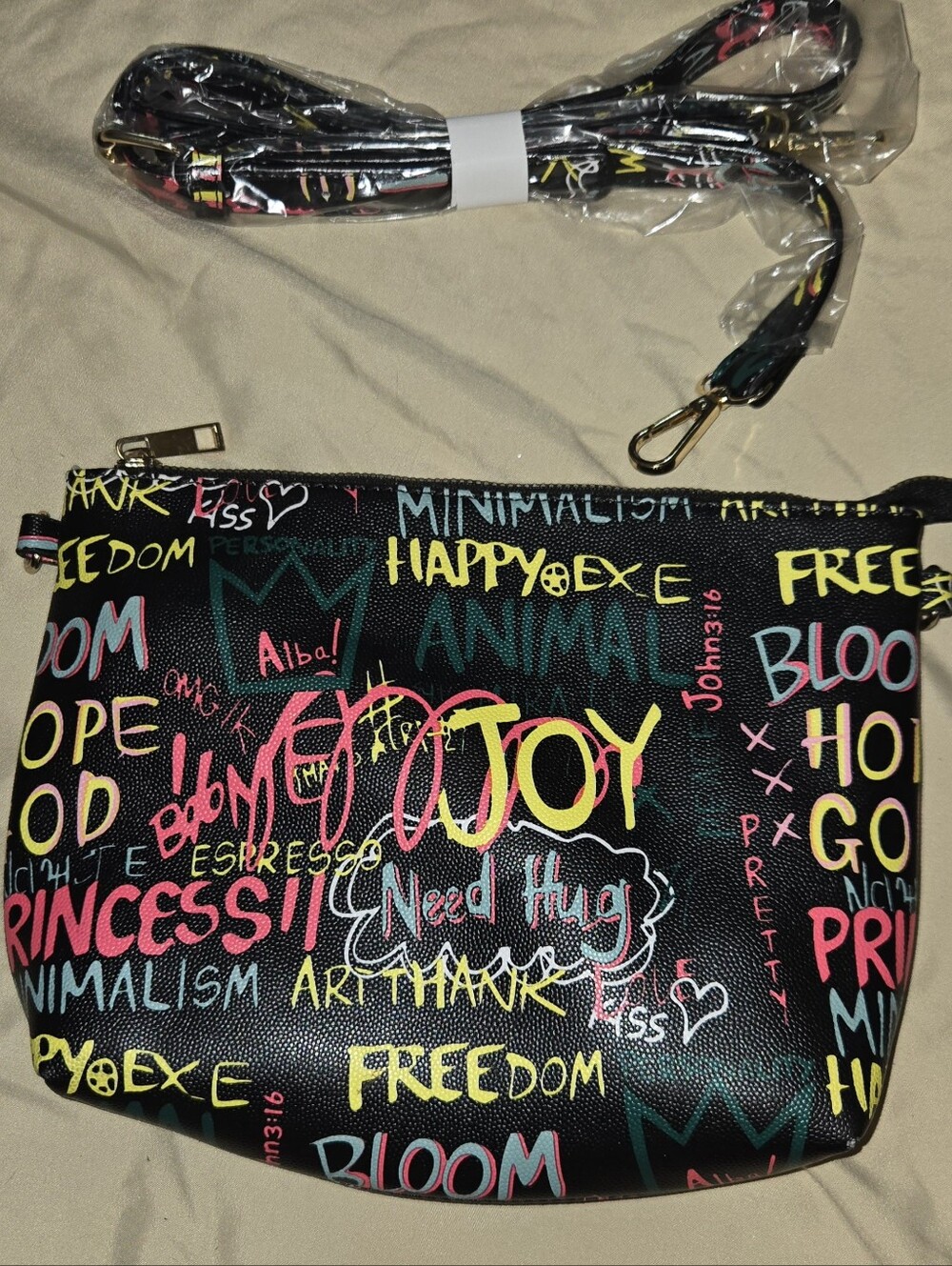 Alba Black Graffiti-Print Shoulder Bag with Multicolor Lettering